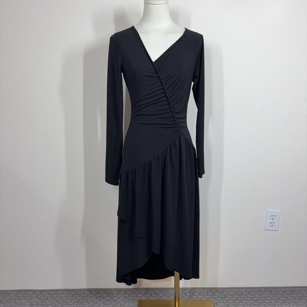 Lenon Dress Womens Small Black Ruched Stretch Asymmetric Midi Party Cocktail
